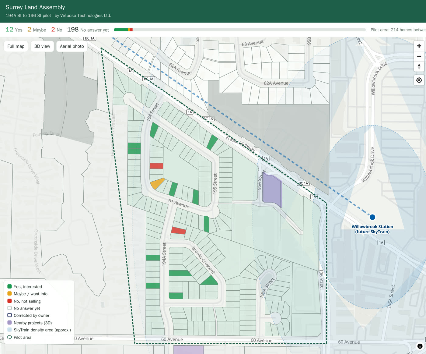 Map of the area: 12 homes in green (Yes), 2 in orange (Maybe) and 2 in red (No)